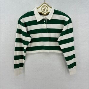 Poster Grl Cropped Rugby Polo Shirt XS Green White Stripe Long Sleeve Y2K Preppy